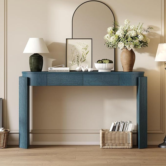 MTHOUSE 55.1" Entryway Narrow Console Table with Drawers, Oval Top & Fluted Legs, Natural Wood Grain Sofa Table for Hallway, Foyer, Behind Couch, Accent Table for Living Room, Solid Wood + MDF (Navy)