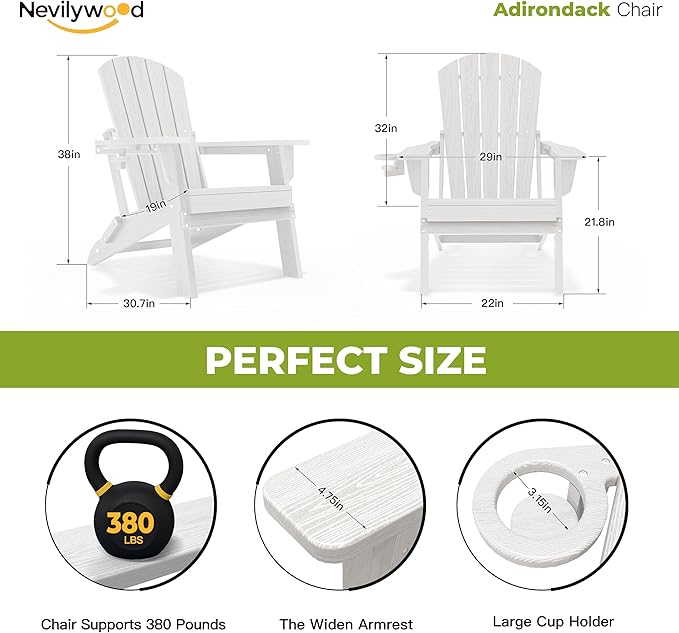 nevilywood Folding Adirondack Chair with Cup Holder Set of 4, HDPE Patio Chairs,All-Weather Outdoor Chairs for Backyard, Deck,Fire Pit-White