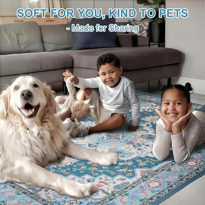 WILLSUN Washable Area Rugs, 8x10 Non-Slip Boho Large Area Rugs for Living Room, Bedroom, Machine Washable Vintage Rug, Indoor Floral Print Carpet for Home Decor, Kid & Pet Friendly Mat