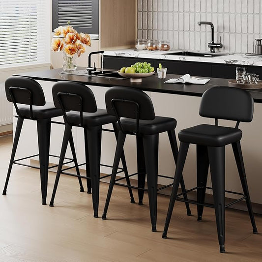 Aklaus PU Leather Metal Bar Stools 24 inch Faux Leather Counter Height Barstools Set of 4 Modern Farmhouse Bar Chairs with High Backs and Faux Leather Seat for Kitchen Island Dining Room Matte Black