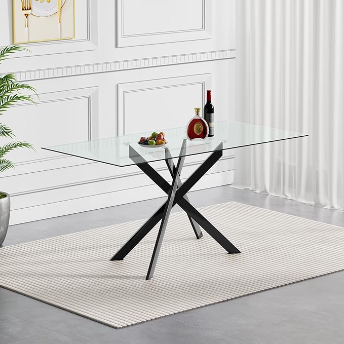 51.2" Glass Dining Table, Modern Kitchen Table for 4-6 People, Contemporary Rectangular Dining Room Dinner Tables with Clear Glass Top & Black Metal X Legs for Kitchen Apartment