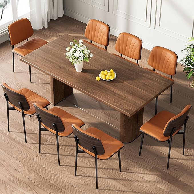 Dining Chairs Set of 6, Mid-Century Modern Upholstered PU Leather Chairs with Walnut Back and Metal Legs Adjustable Feet for Kitchen Dining Room, Orange Shell Strips