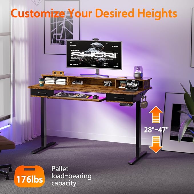 63x24 Inches Electric Standing Desk with Keyboard Tray, Height Adjustable Stand up Desk with 2 Drawers, Ergonomic Sit to Stand Desk with Storage Monitor Stand, Computer Table, Rustic Brown