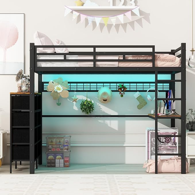 Loft Bed Twin Size with Desk, 8 Storage Drawers, Power Outlet, LED Metal Loft Bed with Storage Shelve, Bed with Safety Guardrail & Ladders,Space-Saving,Black