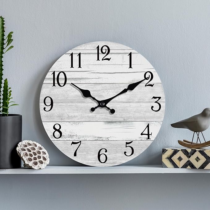 Wall Clock Battery Operated 14 Inch Large Gray Silent Non Ticking Country Rustic Design Vintage Retro Decorative for Bathroom Kitchen Bedroom