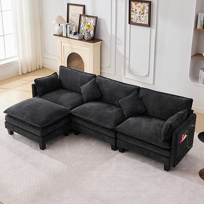 108" Modern L-Shaped Sectional Sofa with USB & Type-c Port Charger, Modular Cloud Couch, Deep Seating Chenille Fabric 4-Seater with Ottoman and Pillows for Living Room (Black)