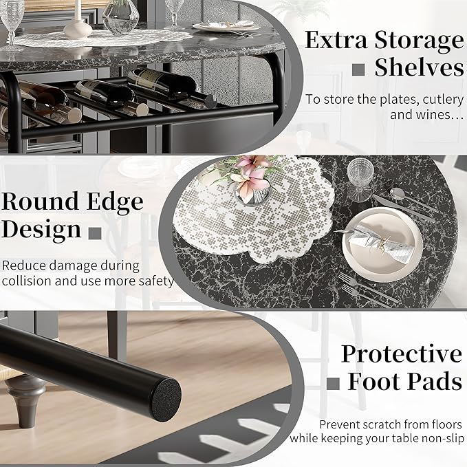 VECELO 3-Piece Dining Table Set for Kitchen Breakfast Nook, Wood Grain Oval Tabletop and Metal Frame with Built-in Wine Rack, for Small Spaces, Faux Marble & Black