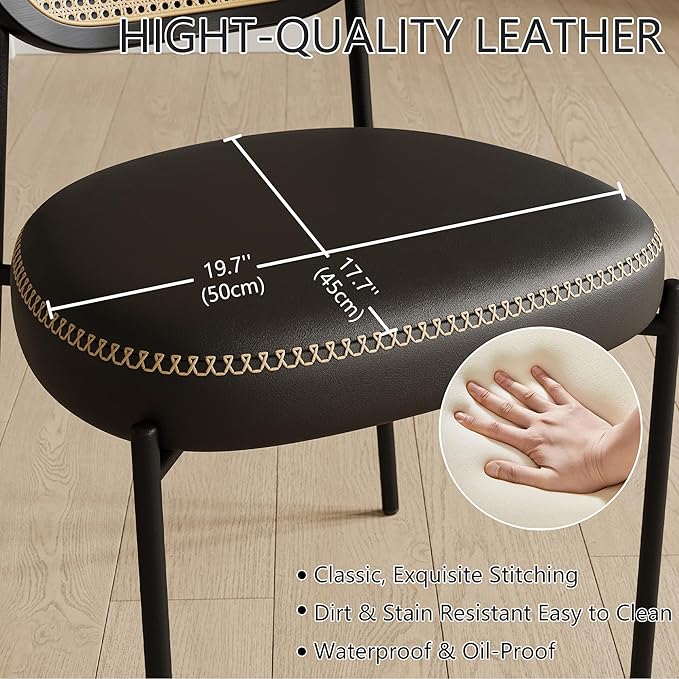 Rattan Dining Chairs Set of 4, Leather Upholstered Dining Chairs with Rattan Cane Back, Mid Century Modern Dining Room Chairs with Black Metal Legs & D-Shaped Thicken Cushion, Black
