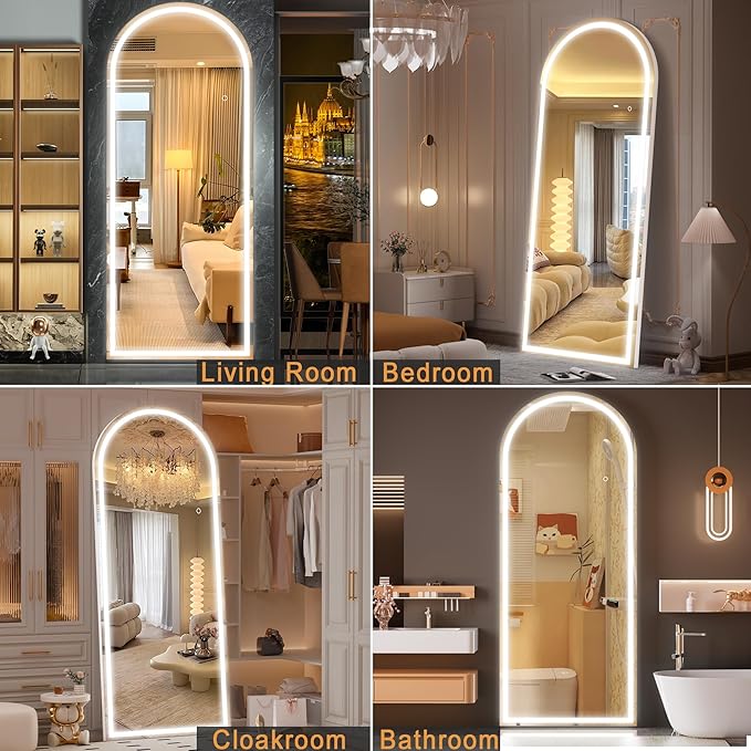 Hasipu 71" x 24" Led Mirror Full Length, Arch Full Length Mirror with Lights, Full Body Glass Mirror with Stand and LED,Tempered Glass,Shatter-Proof, Dimming & 3 Color Modes for Bedroom Cloakroom-UL
