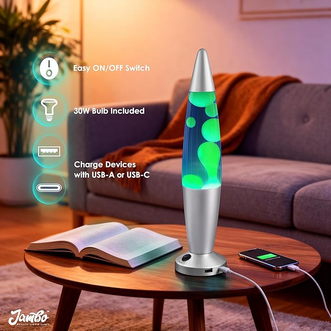 JAMBO Beautiful Liquid Lamp with USB Ports, 16" Motion Light with Blue Liquid Yellow Wax, Relaxing Nightlight, Mood Light for Bedroom, Living Room, Office - Adults, Teens, Kids