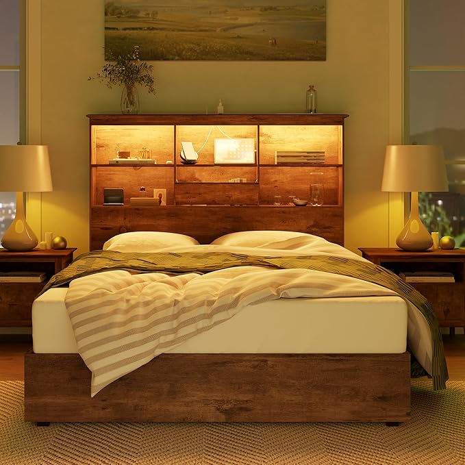AMERLIFE Queen Size Bed Frame Wooden Platform Bed with 51.2" LED Storage Bookcase Headboard, 4 Storage Drawers & Charging Station/No Box Spring Needed/Noise Free/Rustic Brown