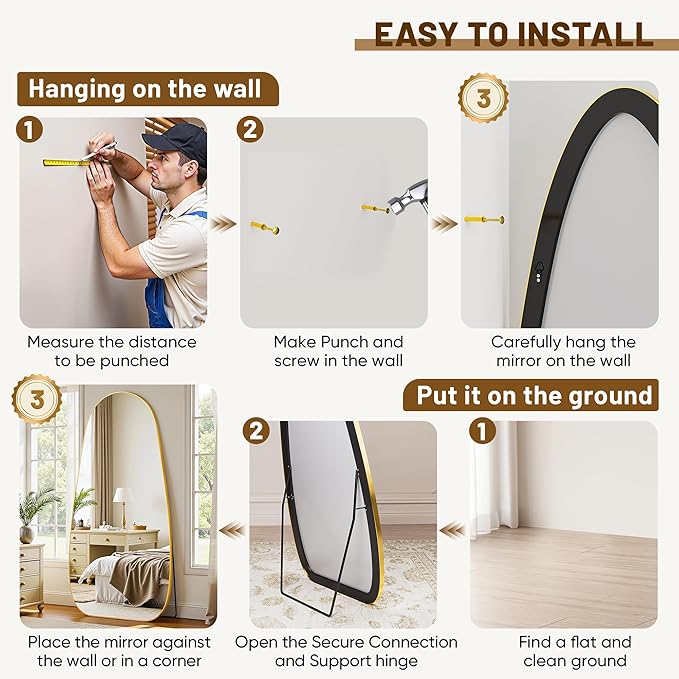 Antok Full Length Mirror, 68"x26" Floor Mirror with Stand,Standing Hanging Leaning Irregular Mirrors for Bedroom Living Room Entryway,Tear Drop Style,Golden