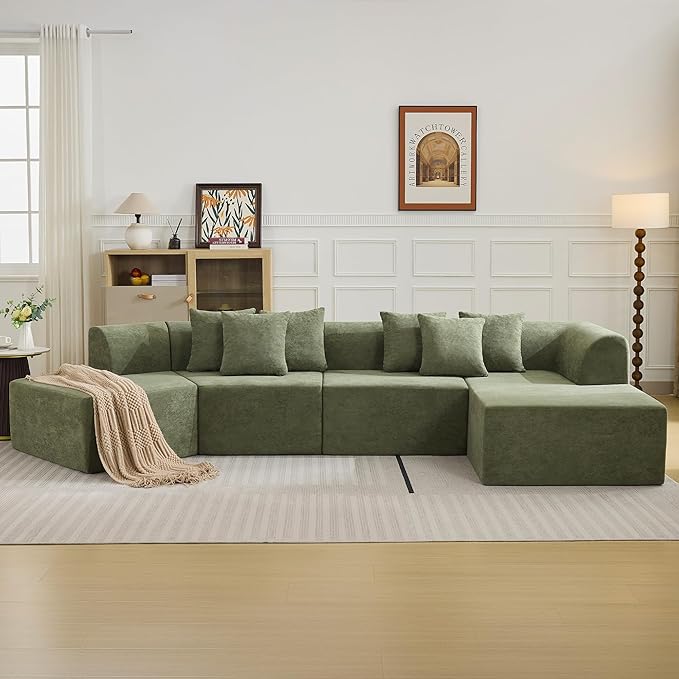140''Oversized Cloud Velvet Curved Sectional Couch, Boneless Couch with L-Shape Chaise, Upholstered Compression Memory Foam Modular Sectional Sofa for Living Room, No Assembly Required, Green