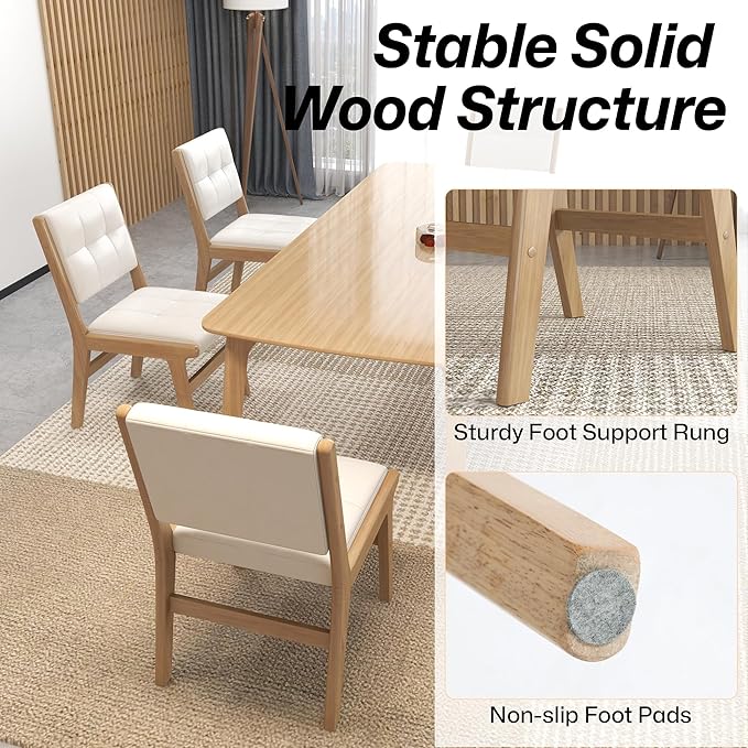 KCC Modern PU Leather Dining Chairs Set of 6, Upholstered Kitchen Chairs with Solid Wood Legs and Comfortable Seat for Dining Room/Lounge/Bedroom(White)
