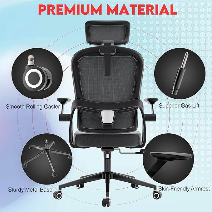 Ergonomic Office Chair - 400LB Comfy Desk Chairs with Adjustable Headrest and Lumbar Back Support, Mesh Computer Chairs with Wheels and Arms for Home Office, Study, Bedroom and Dorm (01grey)