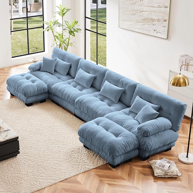 173.2" Oversized Couch, 4 Seater Modular Sectional Sofa, Blue Large U Shaped Sectional Couches for Living Room, Fluffy Chenille Fabric Cloud Couch with Ottoman, Deep Seat Sofas
