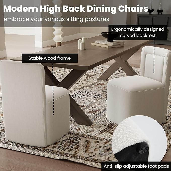 White Upholstered Dining Chairs Set of 6, Armless Modern Linen Dining Chairs with High Back, Kitchen Chair for Dining Room/Restaurant/Living Room