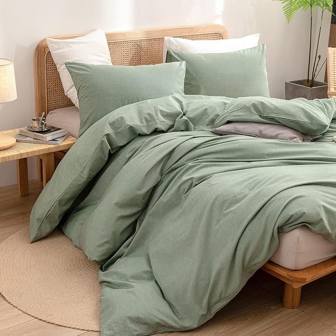 BESTOUCH Duvet Cover Set 100% Washed Cotton Linen Feel Super Soft Comfortable Chic Lightweight 3 PCs Home Bedding Set Solid Green Super King Plus