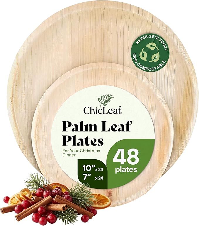Chic Leaf Round Palm Leaf Plates - 10-Inch & 7-Inch, Pack of 48 - Compostable Disposable Bamboo Plates for Parties, Christmas Dinner, Turkey Family Meal and Holiday Food