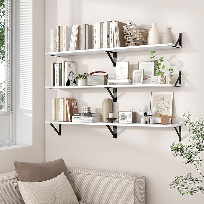 Axeman White Floating Shelves for Wall 24 Inch | 8 Inch Deep Wood Floating Shelves Set of 2 | 24W x 8D Rustic Wall Shelves for Bathroom Kitchen Living Room | Bookshelf Display Shelves
