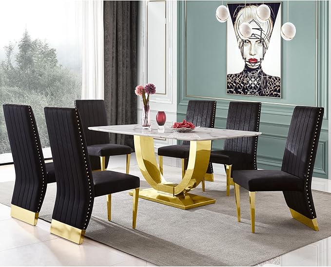AUZ Dining Chairs Set of 6, Black and Gold Dining Room Chairs with Nailhead Trim and Gold Legs, Black Velvet Upholstered Dining Chair for Dining Table, Kitchen and Dining Room, Modern Luxury Style