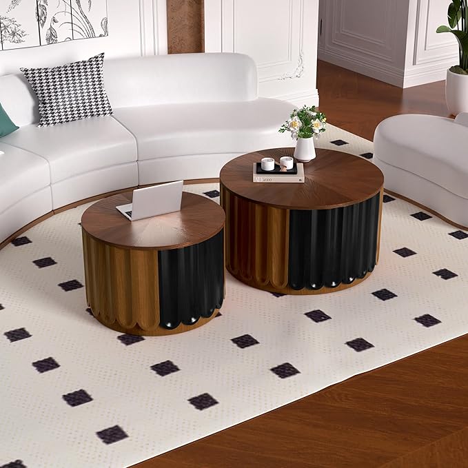 26" Round Nesting Coffee Table Set of 2 with Storage, Modern Round Wood Fluted Coffee Tables with Storage for Living Room Nesting End Table for Small Space (B Walnut)