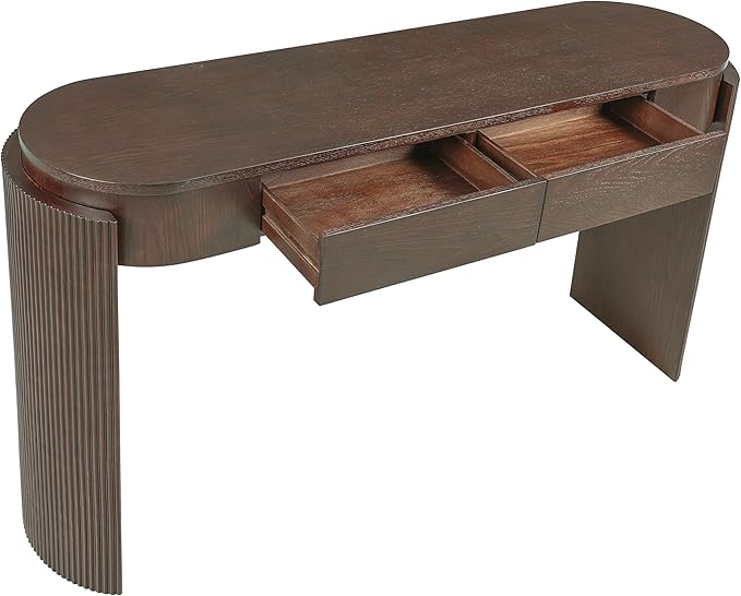 55.1" Entryway Narrow Console Table with Drawers, Oval Top & Fluted Legs, Natural Wood Grain Sofa Table for Hallway, Foyer, Behind Couch, Accent Table for Living Room, Solid Wood + MDF (Espresso)