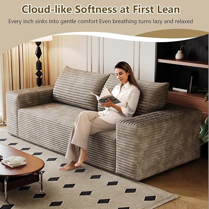 63" Boneless Loveseat Sofa - Cloud Couch with Memory Foam, Comfy Deep Seat - Corduroy Floor Sofa, No Assembly Required - Small Space Friendly for Living Room, Bedroom, Apartment, Camel