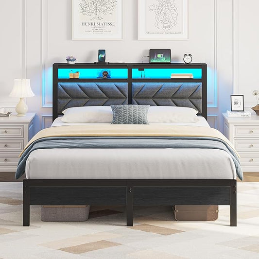 Seventable Bed Frame Queen Size with Charging Station, LED Bed with Upholstered Storage Headboard, Metal Platform Bed with Under Bed Storage, No Box Spring Needed, Noise Free, Easy Assembly, Grey