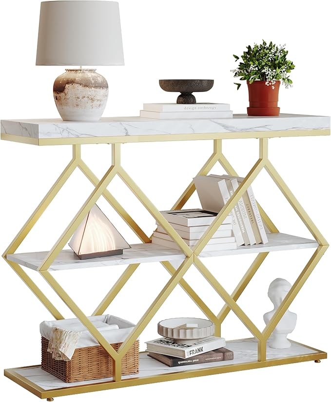 Garvee 3-Tier Entryway Table, Industrial Console Sofa Table with Storage, Accent Table with Open Shelves, Diamond-Shaped Metal Frame, Foyer Table for Entryway, Hallway, White