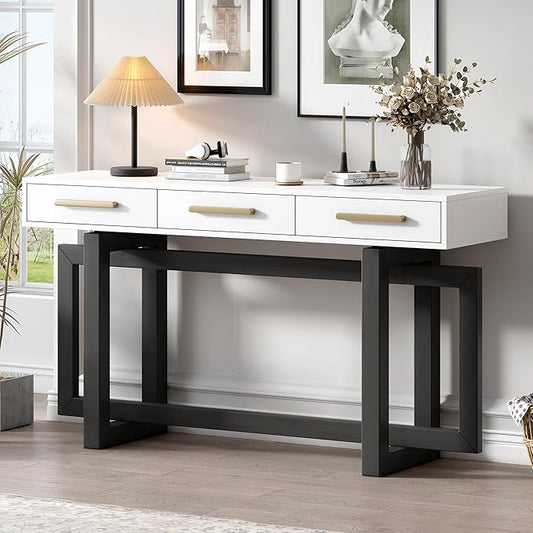 Knocbel Long Console Table with 3 Drawers and Handles, Minimalist Entryway Sofa Tables with Cross Sled Base for Living Room Hallway, 15.7" D x 57" W x 30.6" H Gray and Whitetop