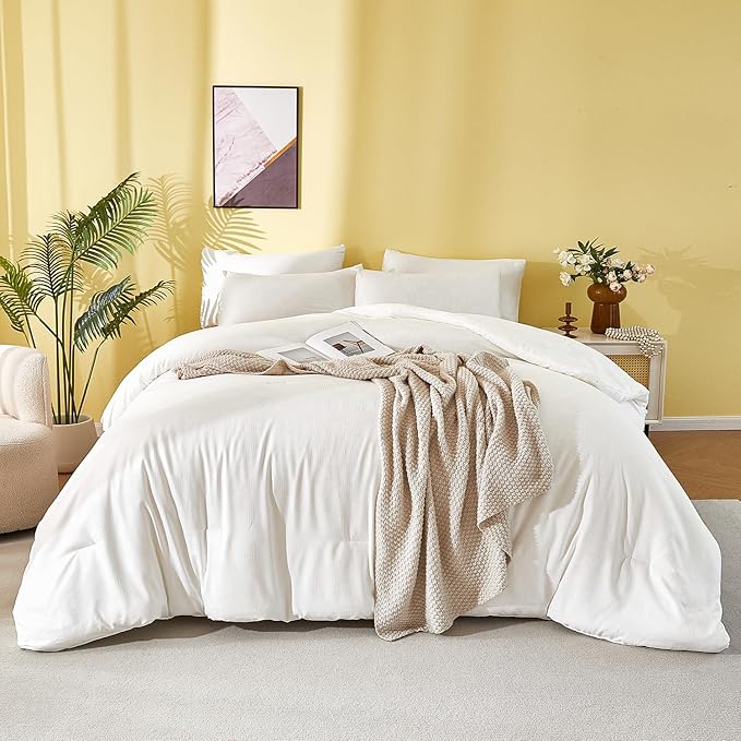 3 Pieces Soft Waffle Comforter Set King White, Lightweight Bedding Set for All Season Comfy Breathable Waffle Weave Comforter (104 in Comforter & 2 Pillowcases)