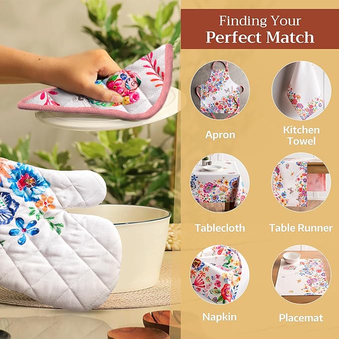 Maison d' Hermine Pot Holders 100% Cotton Heat Resistant Potholders 8" x 8" Hot Pads with Loop BBQ, Cooking, Grilling, Kitchen, Handling Hot Pans Spring/Summer (Pack of 1, Happy Florals - High Summer)
