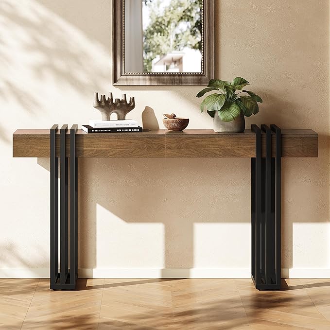 63" Long Console Table for Entryway - Behind Couch Table for Living Room, Wood Sofa Tables with Black Parallel Metal Frame & Power Outlet for Hallway, Entrance, Narrow Foyer, Walnut