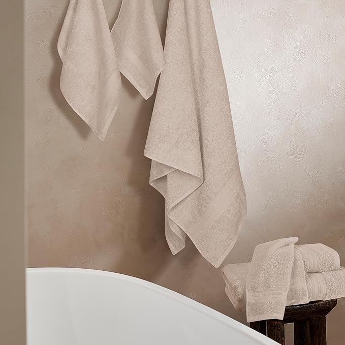 BOUTIQUO 6 Pack Cotton Towel Set, Contains 2 Bath Towels 27x54 inch, 2 Hand Towels 16x24 inch & 2 Wash Coths 12x12 inch, Ideal Everyday use, Ultra Soft Compact & Lightweight - Tan