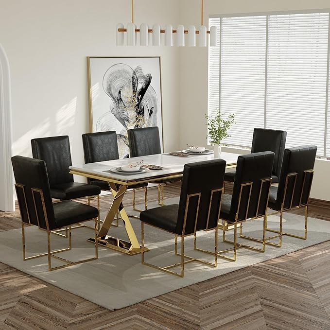 AUZ Dining Chairs Set of 8, Black Faux Leather Upholstered Dining Room Chairs with Polished Gold Stainless Steel Sled Legs