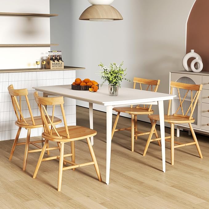 Giantex Windsor Dining Chairs Set of 2, Farmhouse Wooden Kitchen Chairs w/Cross Back, Wide Seat, Rubber Wood Frame, Armless Side Chairs for Kitchen, Dining Room, Living Room, Restaurant, Natural