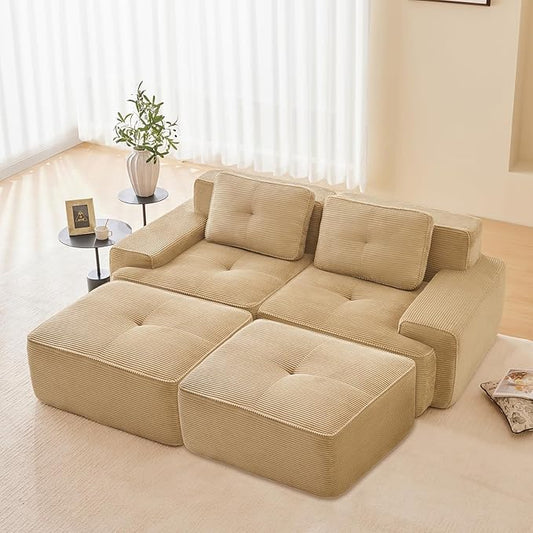 80" Modern Corduroy Boneless Love Seat Couches with 2 Ottomans, 2 Seater Large Sectional Couches for Living Room, Camel Cloud Modular Sectional Sofa, Memory Foam, Extra Deep Loveseat, No Assembly