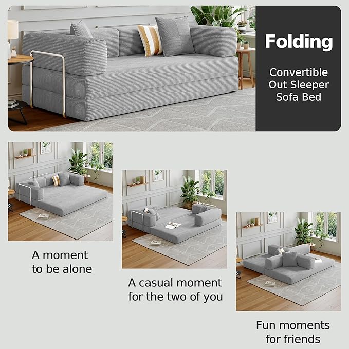 Compressed Sleeper sofa bed,Convertible Floor Boneless Couch-With Comfy Pillow,Modular Modern Corduroy Sofa for living room Bedroom Lounge Studio-With Fixed-shape Frame and support Armrest(Grey)