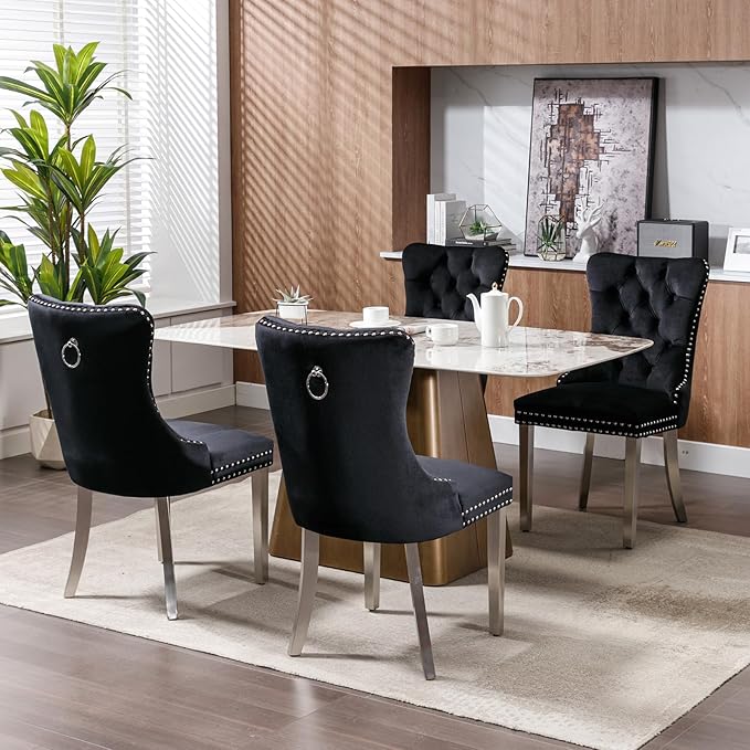Luxury Upholstered Dining Chairs Set of 8, Black Kitchen Chair with Silver Metal Legs, Velvet Tufted Back Dining Chair, Sillas de Comedor, Modern Kitchen & Dining Room Chairs (Black, 8 Pcs)