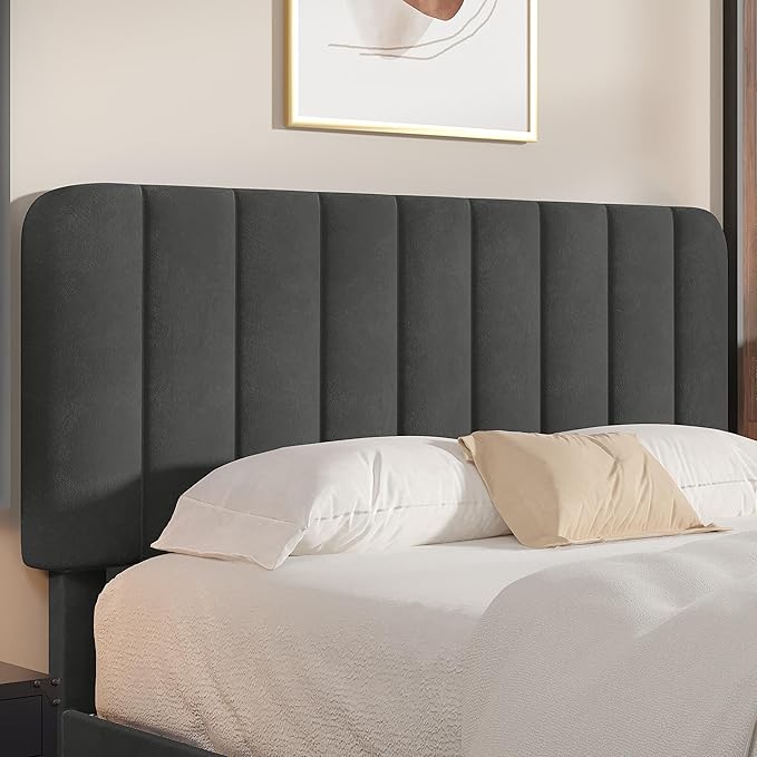 VECELO Full Size Bed Frame with Upholstered Headboard, Velvet Platform Bedframe Mattress Foundation, Strong Wood Slat Support, No Box Spring Needed,Grey