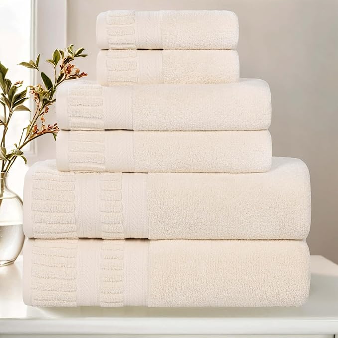 Superior Venice Zero Twist Cotton Medium Weight Towels, for Guest Bath, Bathroom, Shower, Spa, Plush Towels, Bath Essentials, Ribbed Textured Border, 6 Piece Assorted Towel Set, Ivory