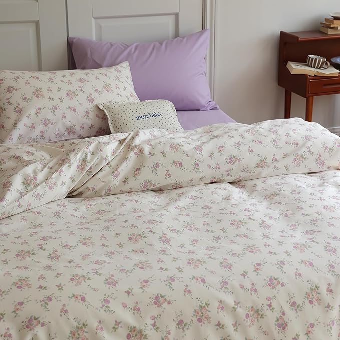 EAVD Girls Pink Purple Floral Comforter Set Twin XL Soft Microfiber Chic Shabby Garden Floral Bedding Set with 2 Pillowcases Fresh Cute Botanical Comforter Set for All-Season