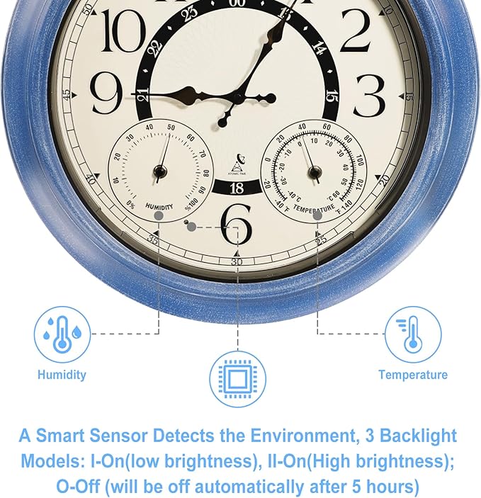 18 Inch Illuminated Retro Indoor Outdoor Wall Clocks with Thermometer and Hygrometer Waterproof Metal Large Clocks with Auto Light Smart Sensor for House Warming Gifts New Home Living Room Decor