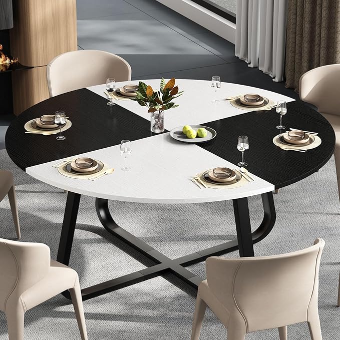 LVB Round Dining Table for 4 to 6 People, Industrial Wood Dining Room Table,51 Inch Farmhouse Kitchen Table for Home Kitchen Living Room,Black and White Oak