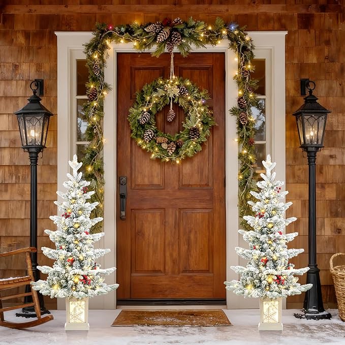 Small Pre-Lit Christmas Tree with LED Lights - 3.5FT Snow Flocked Ariticifial Tree with Snowflake Base, Battery Operated & Auto Timer for Home Office Xmas Decor