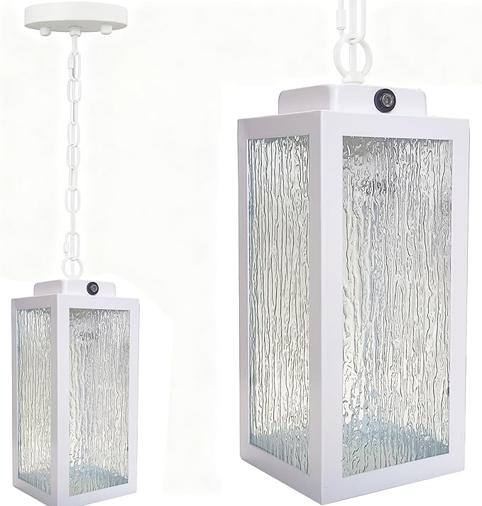 Outdoor Pendant Light Dusk to Dawn, 11'' Porch lights Outdoor Chandelier Hanging Ceiling Lights, White Aluminum Lightshade with Tempered Glass, Exterior Lighting Fixture for Porch Yard, Gazebo, 1 Pack