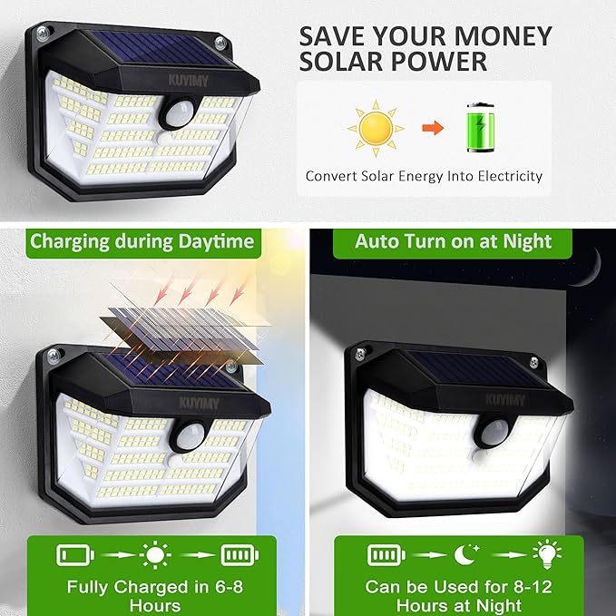 Solar Outdoor Lights, 230 LED with Motion Sensor and 3 Modes, IP65 Waterproof, 270° Wide Angle Light, Easy-to-Install Intelligent Security Wireless Wall Lights for Patio, Garden, Fence(2 Pack)