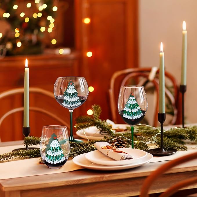 Joeyan Christmas Crystal Stemless Wine Glasses,Hand Painted Red or White Wine Glass Tumbler Cups,Large Green Xmas Tree and Snowflakes Patterned Drinking Glasses,Gift for Men Women Family,19oz,Set of 2