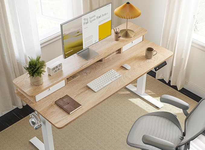 FEZIBO 40 x 24 Inch Height Adjustable Electric Standing Desk with Double Drawer, Computer Desk, Home Office Stand Up Table with 4 Height-Adjustable Feets & 2 Hooks, Maple